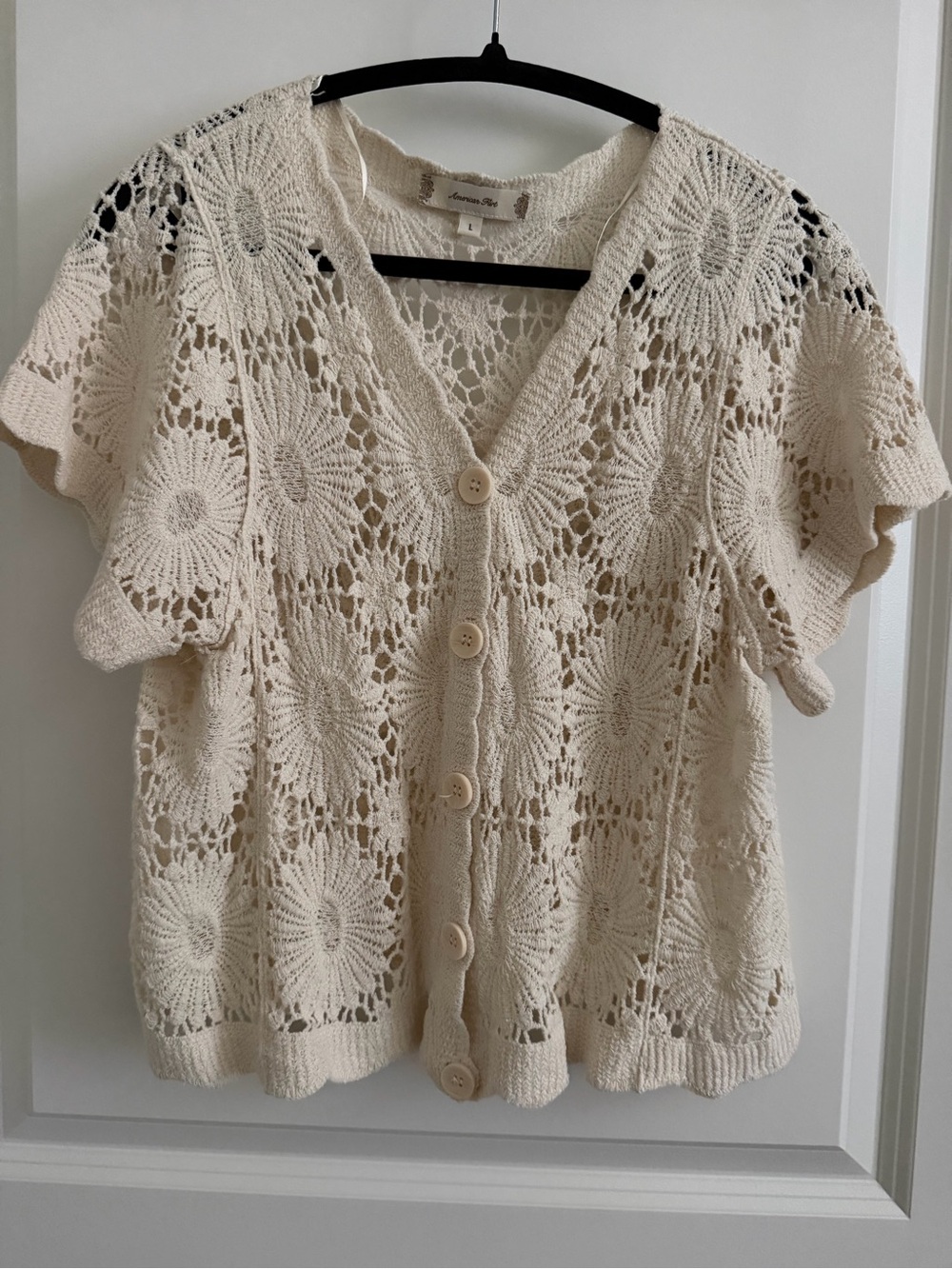 Open-Knit Button-Front Short Sleeve Cardigan - Cream